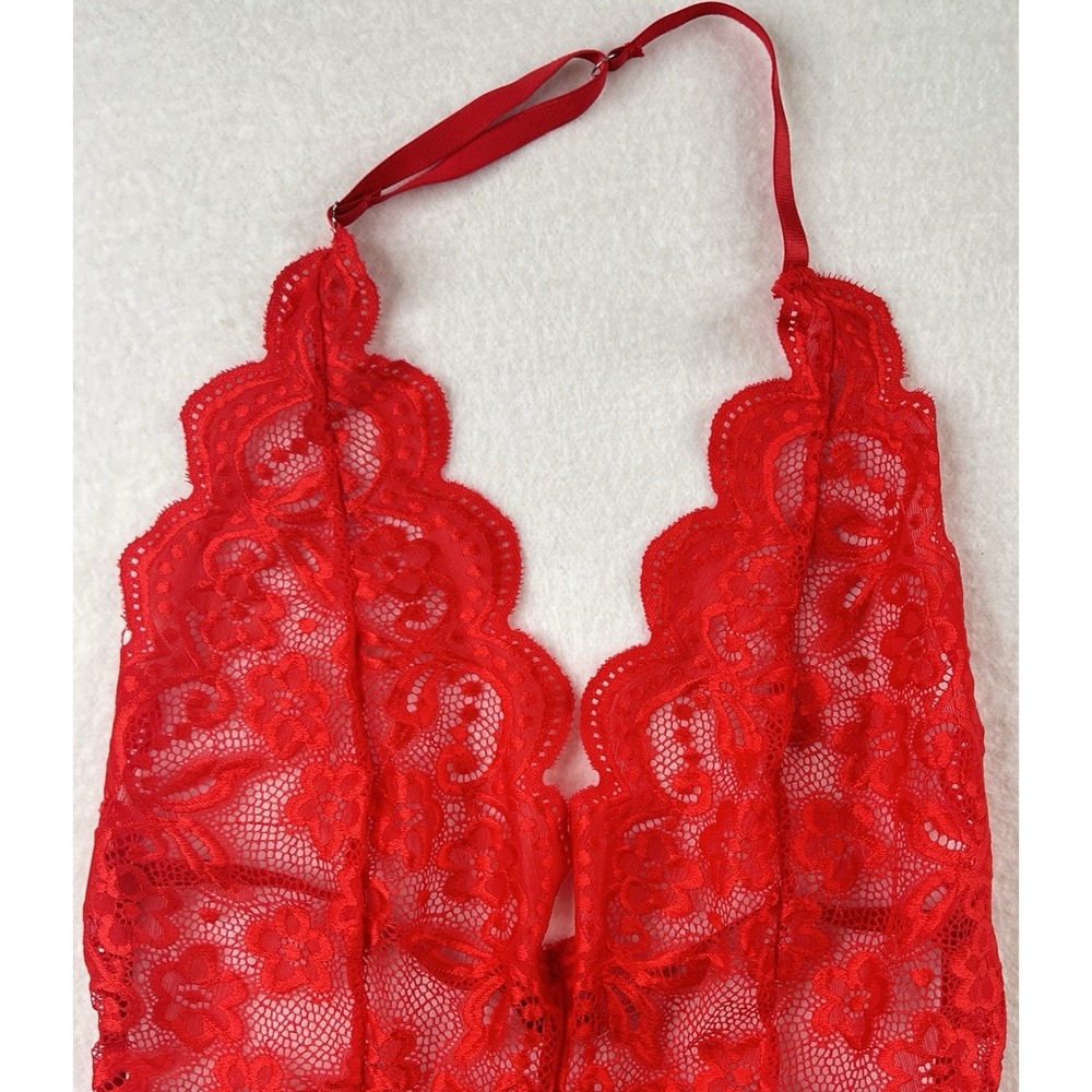 Floral Lace Halter Bodysuit‎ Plunging Neckline Low Back Adjustable Red M - Picture 3 of 14